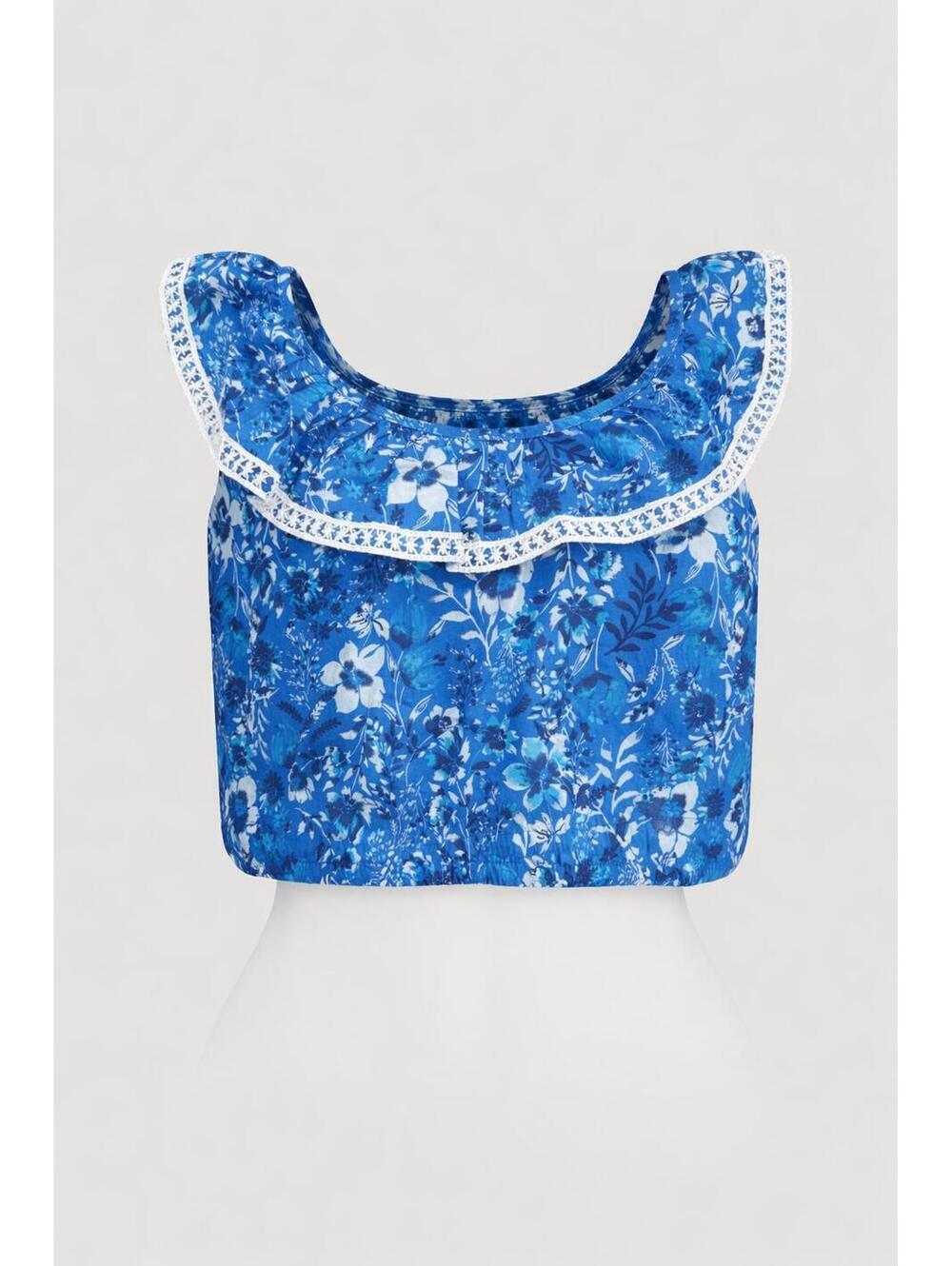 Rachel Zoe Girls Blue Floral Eyelet Ruffle Crop Top - Size 8